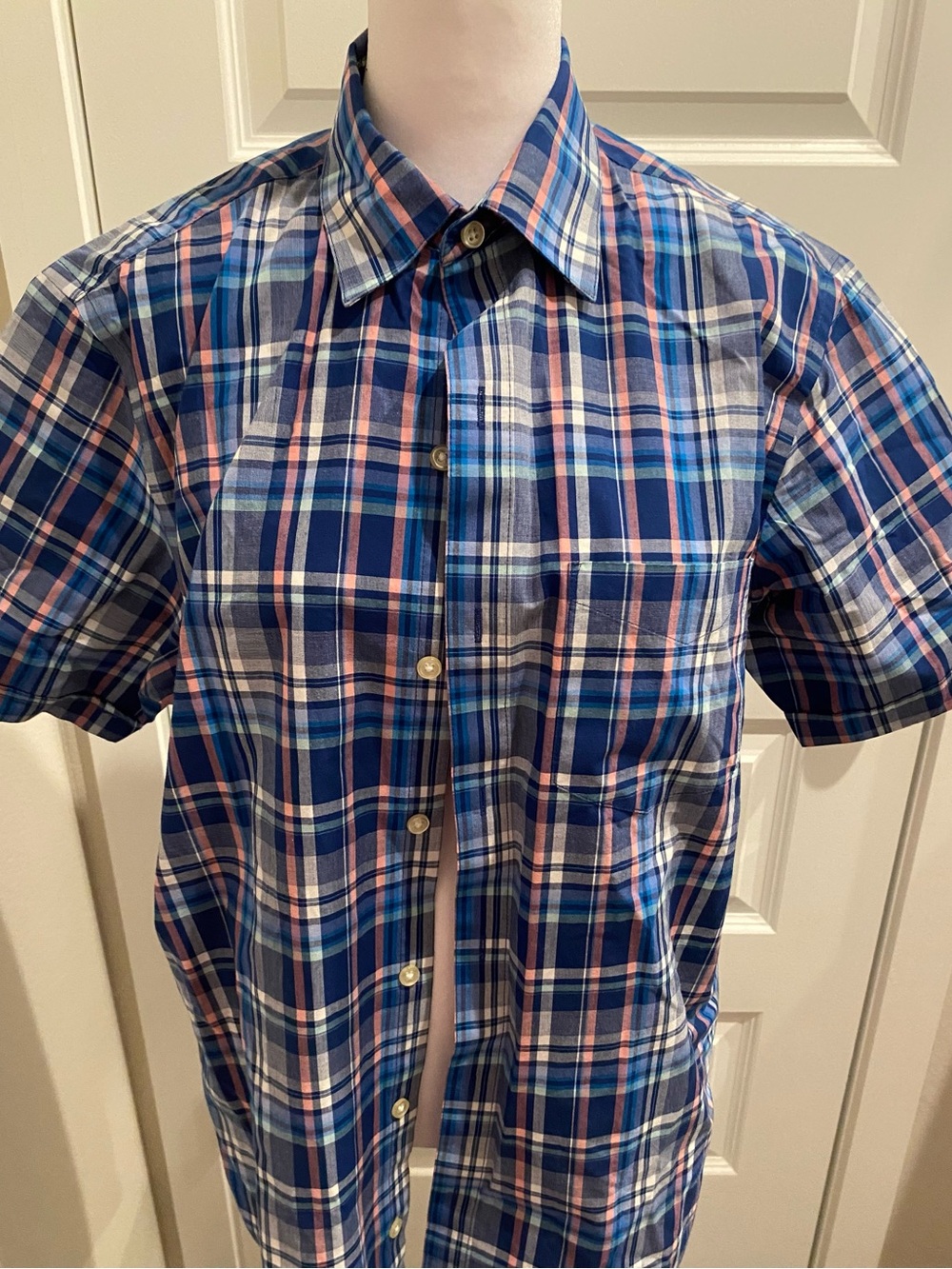 Van Heusen Blue and Pink Plaid Short-Sleeve Button-Down Shirt